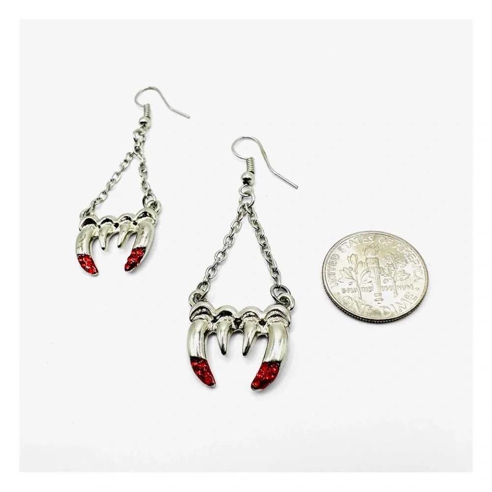 ★ Vintage Y2K Vampire Fangs Dangling Earrings - Silver/Red ★ - Picture 5 of 15